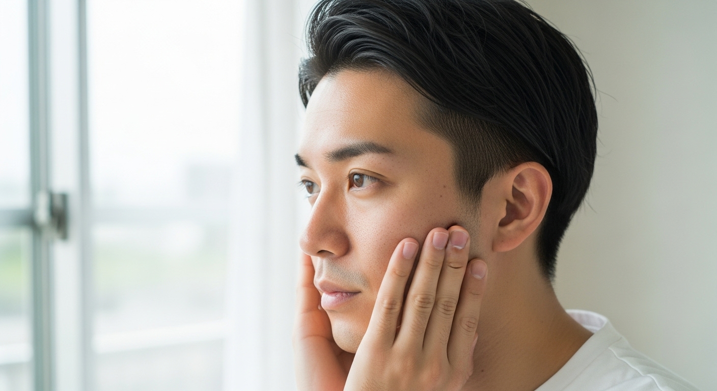 休日の午後、カジュアルなシャツ姿の30代日本人男性が窓際で肌の調子を気にする自然な仕草