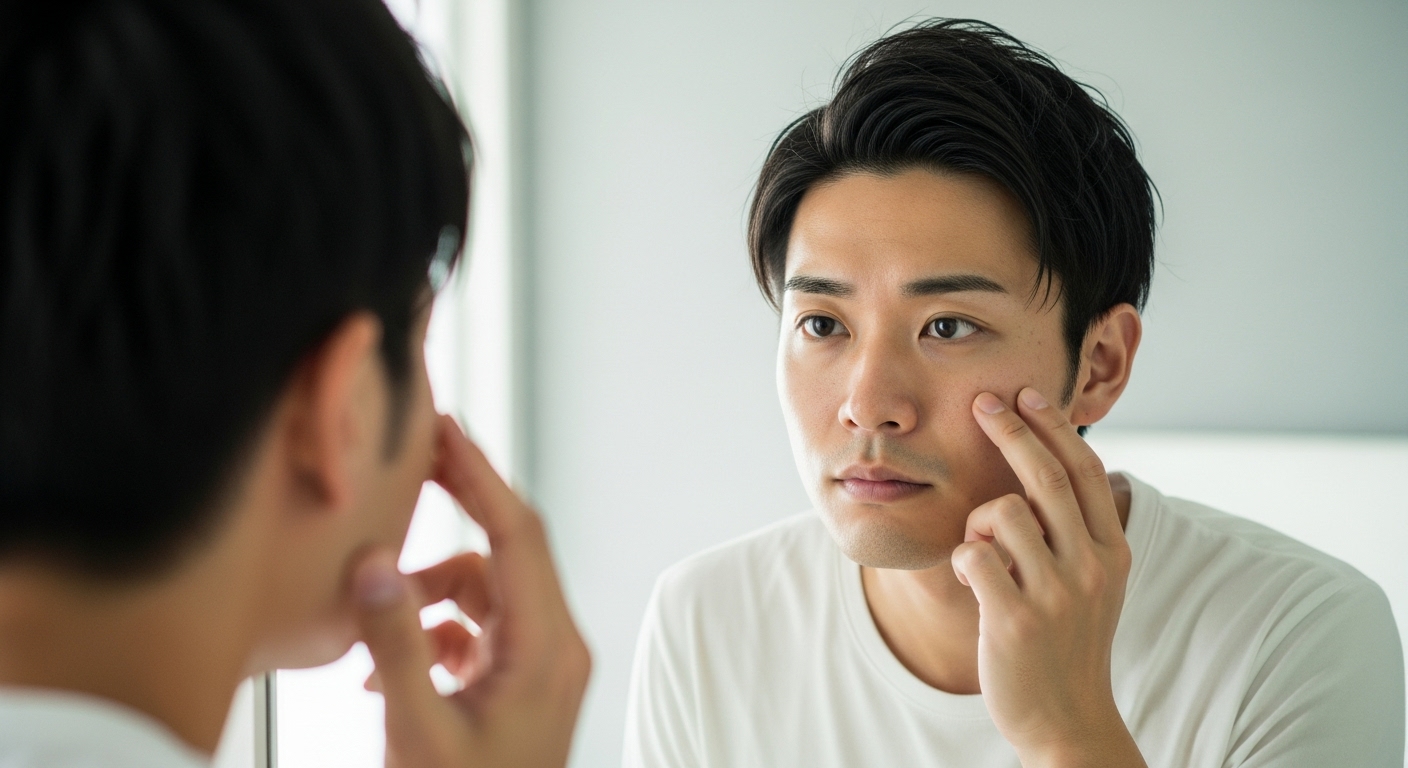 30代日本人男性が朝の自然光の入る部屋で洗顔をする横顔。内省的で都会的な雰囲気のミニマルシーン
